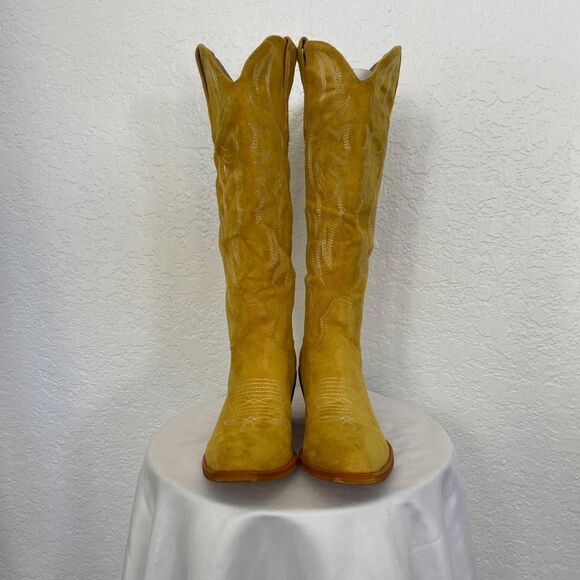 NEW Mustard Yellow Faux Suede Flame Stitched Western Cowgirl Boots US 6 - Picture 3 of 8